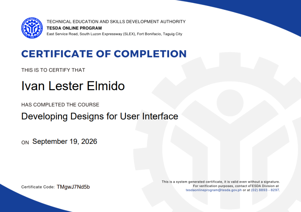 TESDA Certificate of Completion
