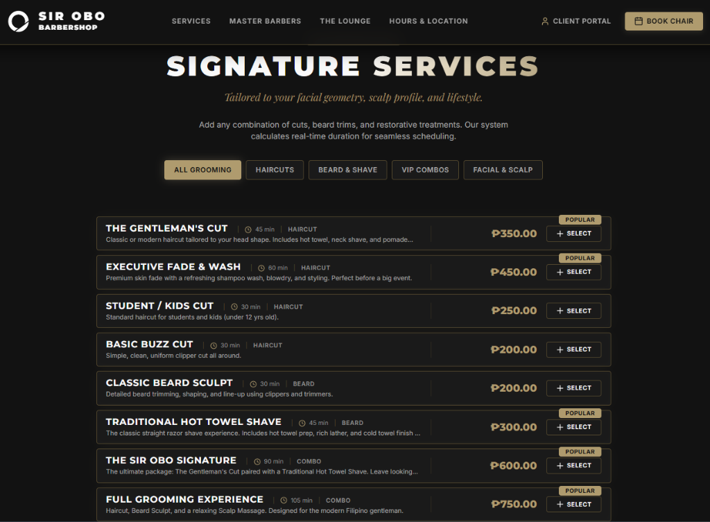 Sir Obo Barbershop - Signature Services Selection Screen